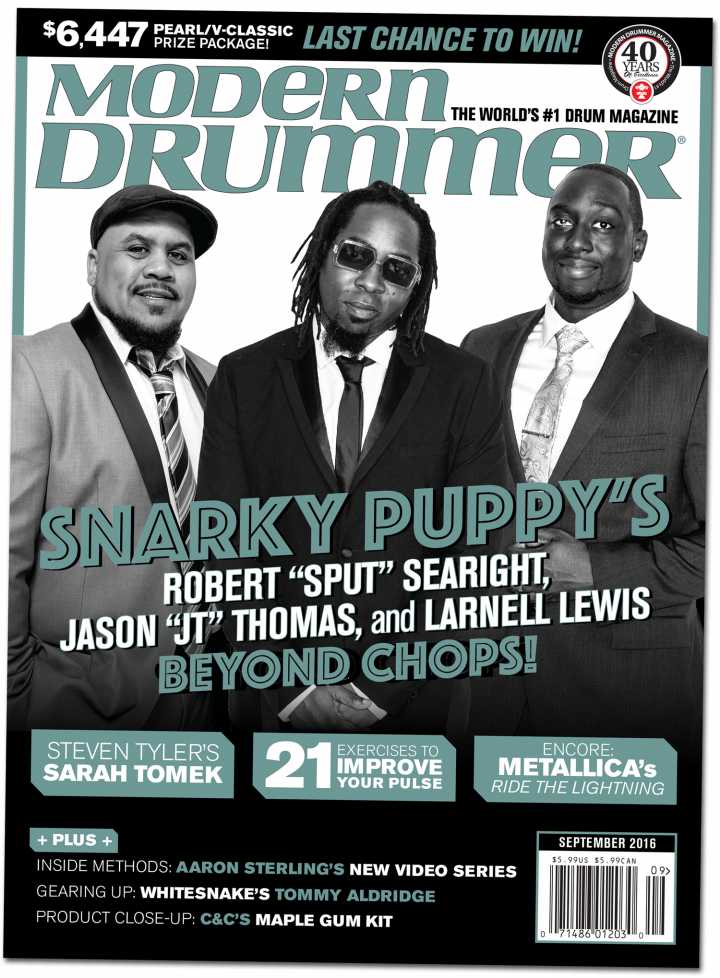September 2016 Issue of Modern Drummer magazine featuring Snarky Puppy’s Robert Sput Searight, Larnell Lewis, and Jason JT Thomas
