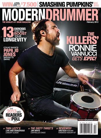 February 2013 Cover of Modern Drummer magazine featuring Ronnie Vannucci