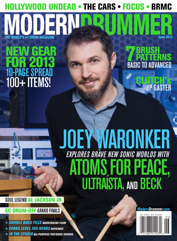 June 2013 cover of Modern Drummer magazine featuring Joey Waronker