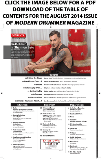 August 2014 Issue of Modern Drummer Table of Contents Featuring Shannon Leto