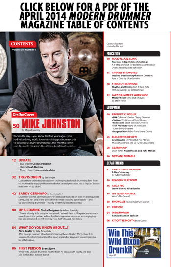 April 2014 Issue of Modern Drummer Featuring Mike Johnston